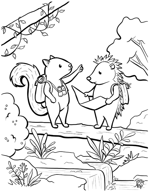 Dessin à colorier gratuit d'un Hérisson et un écureuil dans la forêt